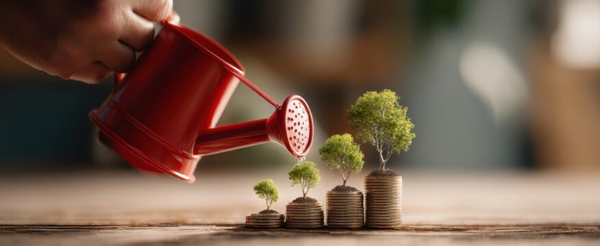 The watering can nurturing money trees for sustainable financial growth