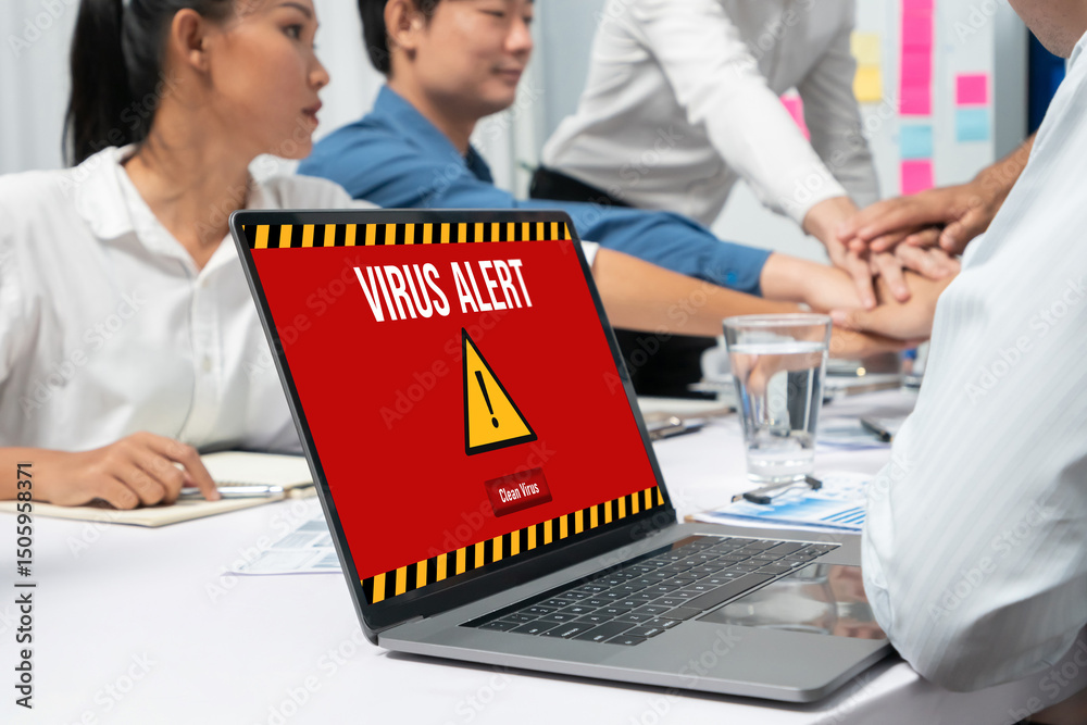 Poster Virus warning alert on computer screen detected brisk cyber threat , hacker, computer virus and malware