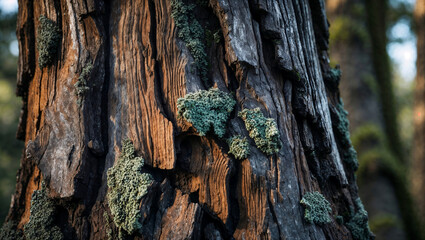 Detailed texture of aged tree bark covered in patches of moss.  Natural, organic background.