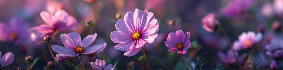Fototapeta premium Vibrant pink cosmos flowers blooming in sunlit garden