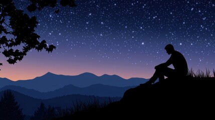 a man sitting on a hill looking at the stars
