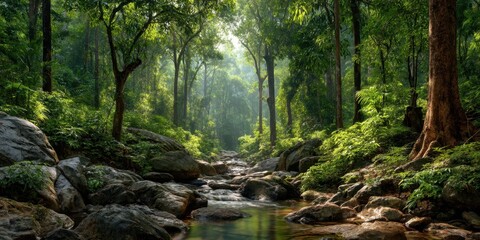 Obraz premium Lush green forest with flowing stream and sunlit trees