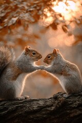 Obraz premium Two squirrels interacting on a tree branch in autumn light