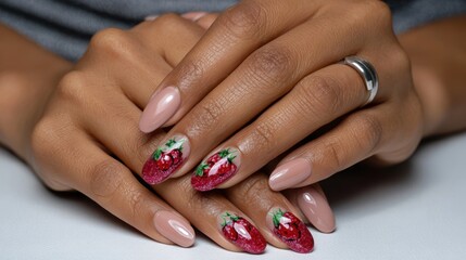 Female hands with strawberry-themed nail art and metallic ring