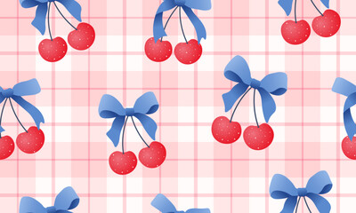 bow seamless patterns, ribbon, gift wrapping paper seamless pattern, Vector graphics. happy birthday, anniversary, party, celebration, fabric, textile, cherry, red pink blue, check, watercolor effect