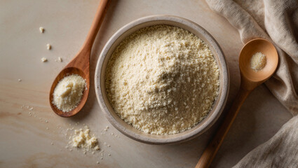 Close-up of almond flour in a bowl with wooden spoons.  Perfect for baking and healthy recipes.