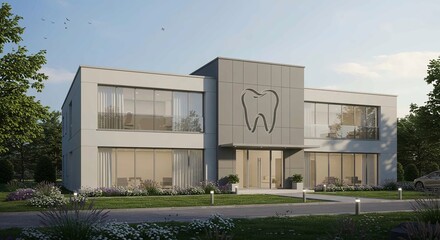 Fototapeta premium Innovative Dental Clinic: Tooth Logo, 3D Imaging, and Patient Care