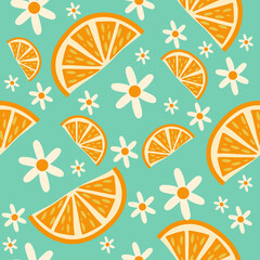 Orange Citrus with Daisies on Aqua Background