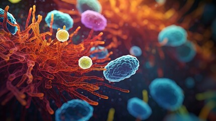 Vivid microscopic view of bacteria and viruses interacting in a vibrant environment. This image captures the complexity of microbial life and illustrates the beauty of science. AI