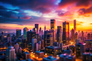 Fototapeta premium Tilt-Shift Cityscape Sunset: Vibrant Skyscrapers, Urban Architecture, Low Angle View