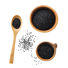 Black Sesame Seeds Wooden Bowl and Spoon Presentation isolated on transparent background