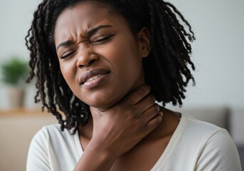 Portrait of an African woman touching her neck with a pained expression, indicating possible sore throat, neck tension, or swollen lymph nodes. Neutral gray background. Concept of illness, discomfort,