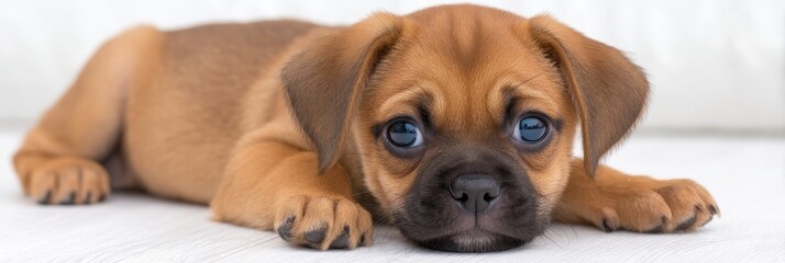 Adorable Puggle Puppy Lying Down - A cute fawn-colored puggle puppy lies on a white surface, looking at the camera with big, expressive eyes