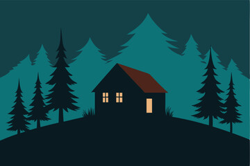 Obraz premium forest,night,cabin,pine trees,landscape,silhouette,digital art,detailed 