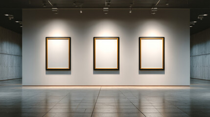 Three empty picture frames on a modern gallery wall.