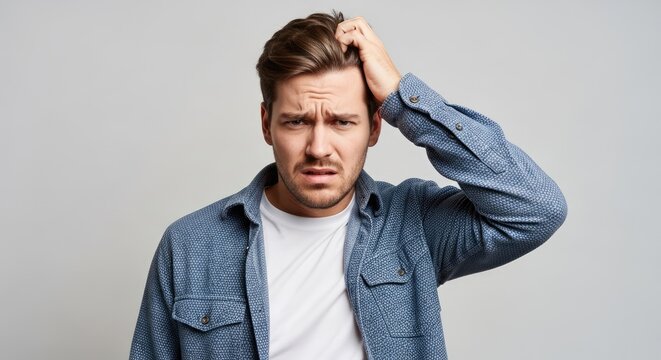 Portrait of a concerned person with fair skin, wearing a blue shirt, scratching their head against a gray background, expressing worry and confusion