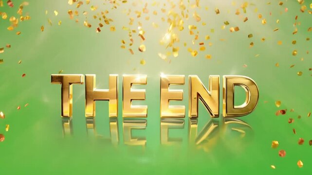 The end text in golden color with spark particles on green background used for final message in videos presentations or closing content for media projects and clips