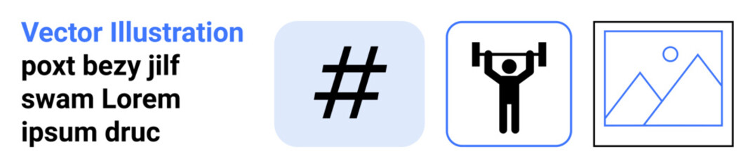 metadata tag symbol, weightlifting person, and photo placeholder with geometric shapes. Ideal for social media, fitness, content creation, marketing, branding, digital projects education simple