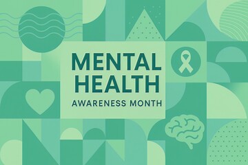 Mental health awareness month graphic with geometric shapes and symbols in shades of green