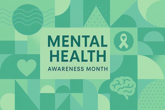 Mental health awareness month graphic with geometric shapes and symbols in shades of green