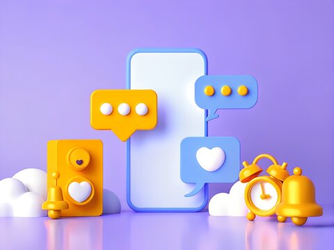 3D Smartphone with Chat Bubbles and Clock for Communication Time Management Productivity Design