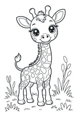 Adorable Cartoon Giraffe Illustration for Coloring Books and Educational Resources Featuring a Cute Giraffe with Big Eyes and Playful Grass