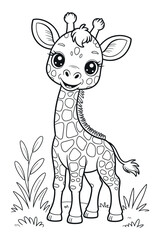 Cute Cartoon Giraffe Standing in Grass Black and White Outline Vector Illustration for Coloring Book or Children s Activities Isolated on White