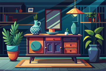 vector of A modern table with a dark cabinet and pottery is placed on the table