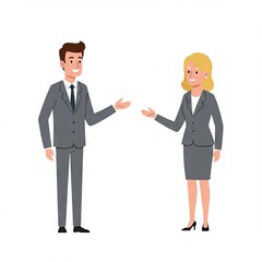 Flat vector illustration of a businessman and businesswoman in grey suits greeting each other with friendly gestures, isolated on a white background. Perfect for corporate presentations, HR materials,