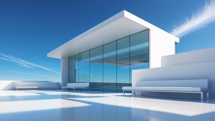 Modern White Architectural Structure With Glass Walls and Benches with Sky Background	
