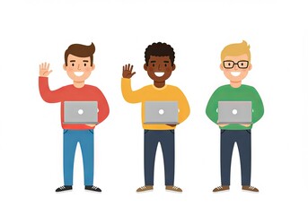 Obraz premium Flat vector illustration of three smiling young men holding laptops and waving hands, isolated on a white background. Great for technology websites, developer communities, and teamwork graphics.