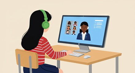 Fototapeta premium Flat vector illustration of a girl with long black hair wearing green headphones, attending an online video conference on a desktop computer, isolated on a beige background. Ideal for e-learning websi