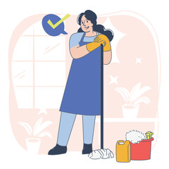 Housekeeper Illustration, Cleaning Service Concept, Flat Cartoon Style