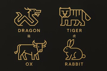 Four chinese zodiac animals dragon tiger ox and rabbit in gold line art on a dark background square format