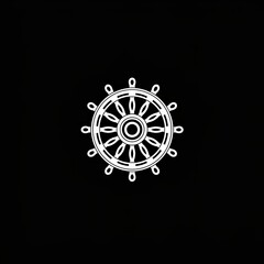 Obraz premium Sacred black and white mandala resembling the Buddhist Dharmachakra (Wheel of Dharma) on a black background. Ideal for spiritual design, meditation, or religious visuals.
