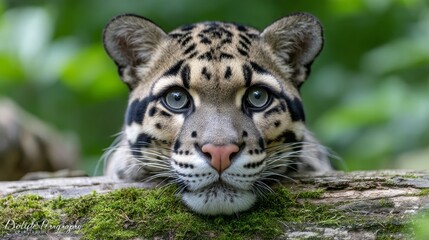Clouded Leopard on Mossy Log - A majestic clouded leopard rests peacefully on a mossy log, symbolizing nature, wildlife, tranquility, mystery, and the beauty of the wild