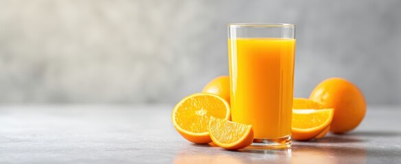 Naklejka premium The refreshing orange juice served in a clear glass with ripe fruit slices