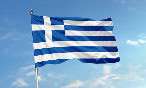 Greece national flag waving against blue sky