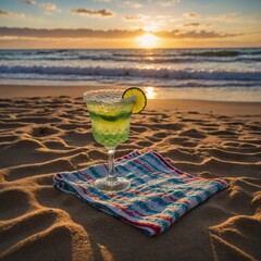 Margarita on a beach towel in the sand, with waves and a brilliant sunset behind it.