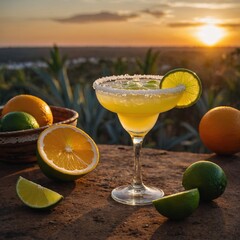 Margarita cocktail with lime slice on rim, surrounded by citrus fruits at sunset.