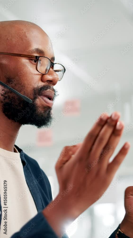 Poster communication, contact us and explain with black man in call center for advice or support. consultin
