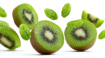 Fototapeta premium Fresh Kiwi Fruit with Mint Leaves - Juicy kiwi fruit slices and fresh mint leaves falling, symbolizing freshness, health, vitality, nature, and deliciousness