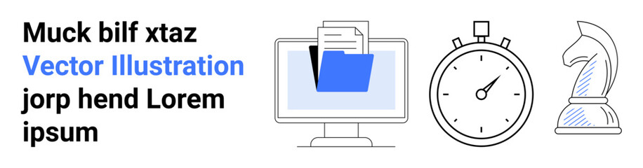 Folder on desktop monitor, stopwatch, chess knight. Ideal for productivity, strategy, planning, time management, technology, organization business workflow simple landing page