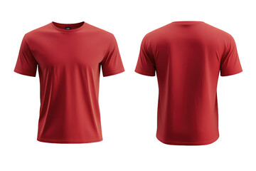 Two views of a red t shirt displayed on a black background showing the front and back of the garment