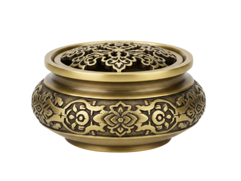 A small incense burner with traditional design and matte brass finish, no reflections or shine, clean frontal lighting, isolated on a transparent background