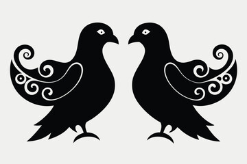 Fototapeta premium Vector illustration of two cute cartoon doves, a couple of birds on a branch, or flying pigeons on a white background, symbolizing love and peace