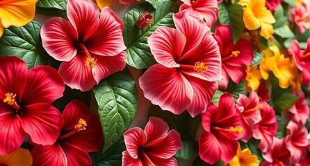 Obraz premium Vibrant red and yellow hibiscus flowers close up