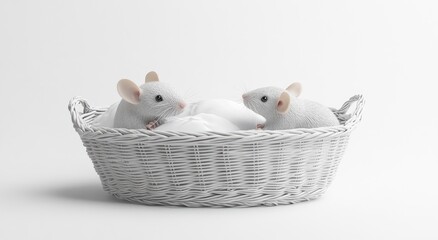 Two small white mice in a white wicker basket, full of white fabric