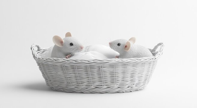 Two small white mice in a white wicker basket, full of white fabric