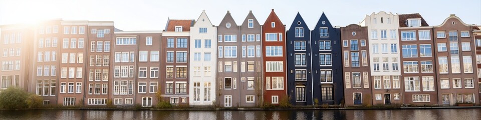 Fototapeta premium A row of tall buildings with a blue building in the middle. The buildings are all different colors and the blue one is the tallest. The buildings are lined up next to a body of water